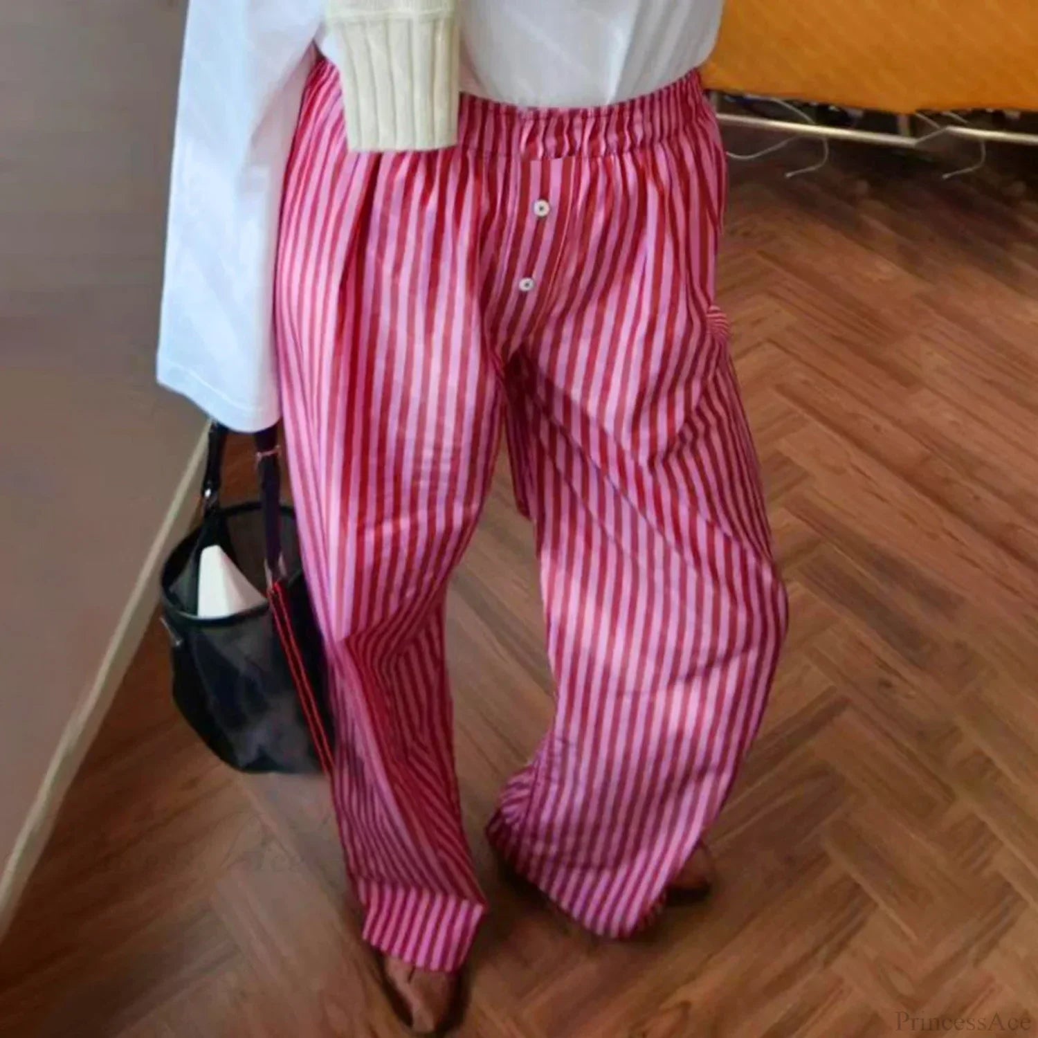Retro Striped Button High Waist Straight Pant image 1