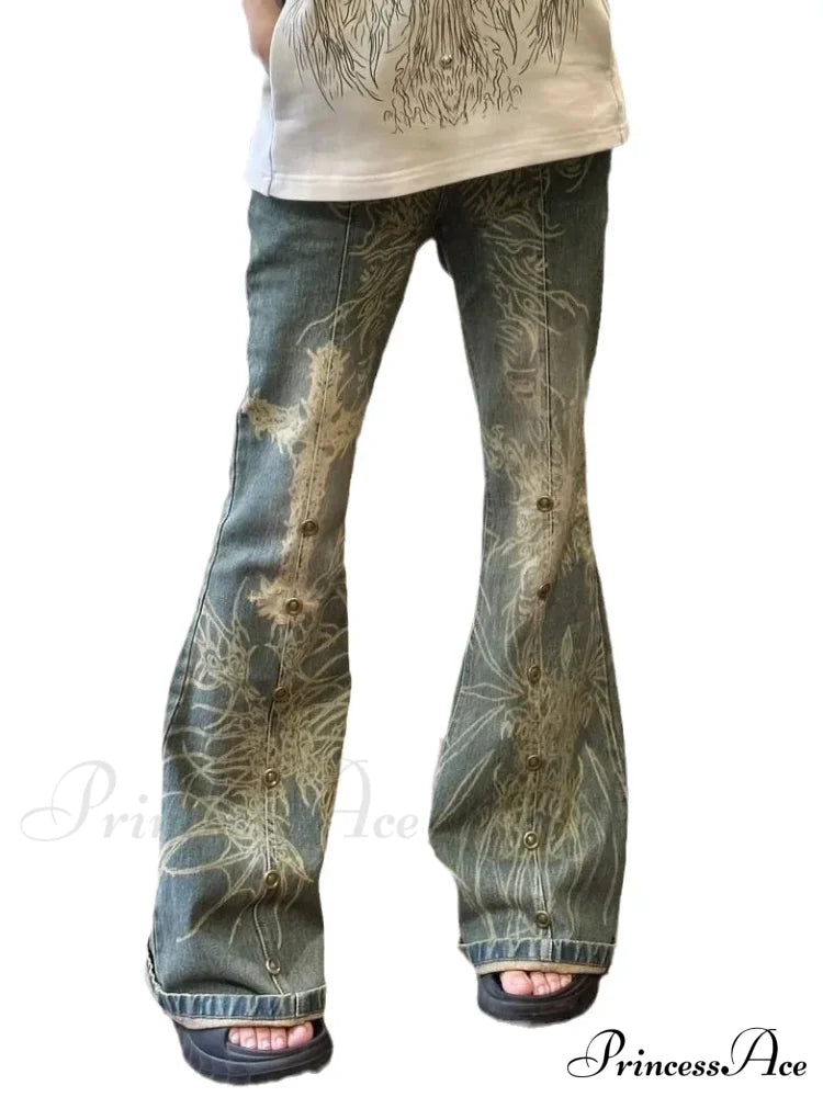Retro Wash Print Flare Female High Waist Draped Casual American Spice Beaded Old Slim Straight Jean image 5