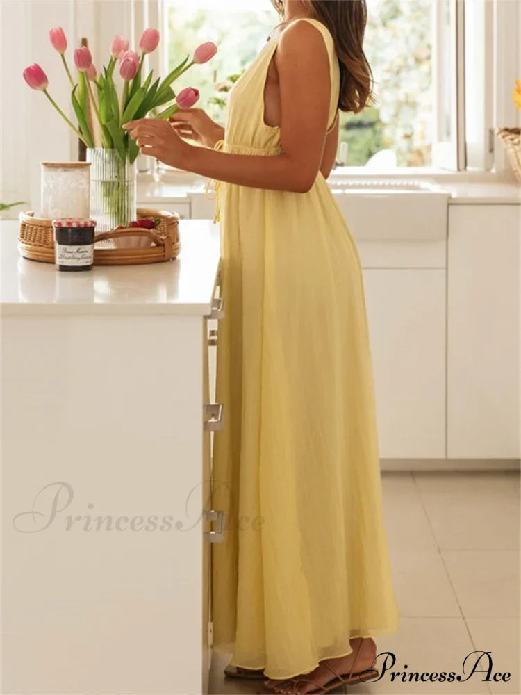 Retro Women Evening Party Solid Color Sleeveless Deep V-Neck Front Tie-up Formal Female Vestido image 5