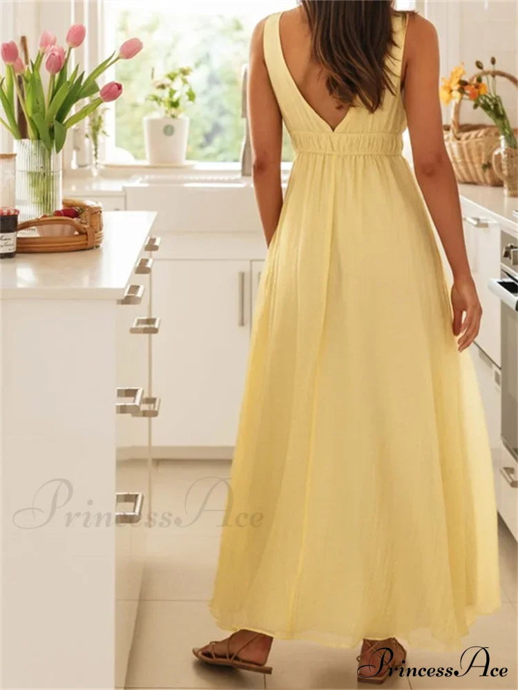 Retro Women Evening Party Solid Color Sleeveless Deep V-Neck Front Tie-up Formal Female Vestido image 6
