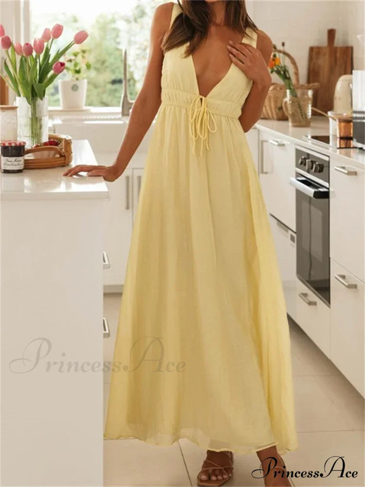 Retro Women Evening Party Solid Color Sleeveless Deep V-Neck Front Tie-up Formal Female Vestido image 4