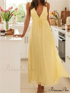 Retro Women Evening Party Solid Color Sleeveless Deep V-Neck Front Tie-up Formal Female Vestido image 1