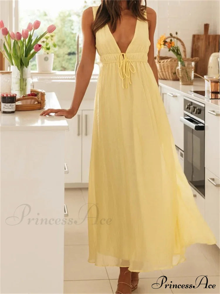 Retro Women Evening Party Solid Color Sleeveless Deep V-Neck Front Tie-up Formal Female Vestido image 1