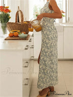 Retro Women Floral Print Sleeveless V Neck Front Lace-up High Split Spring Summer Backless Vestidos image 3