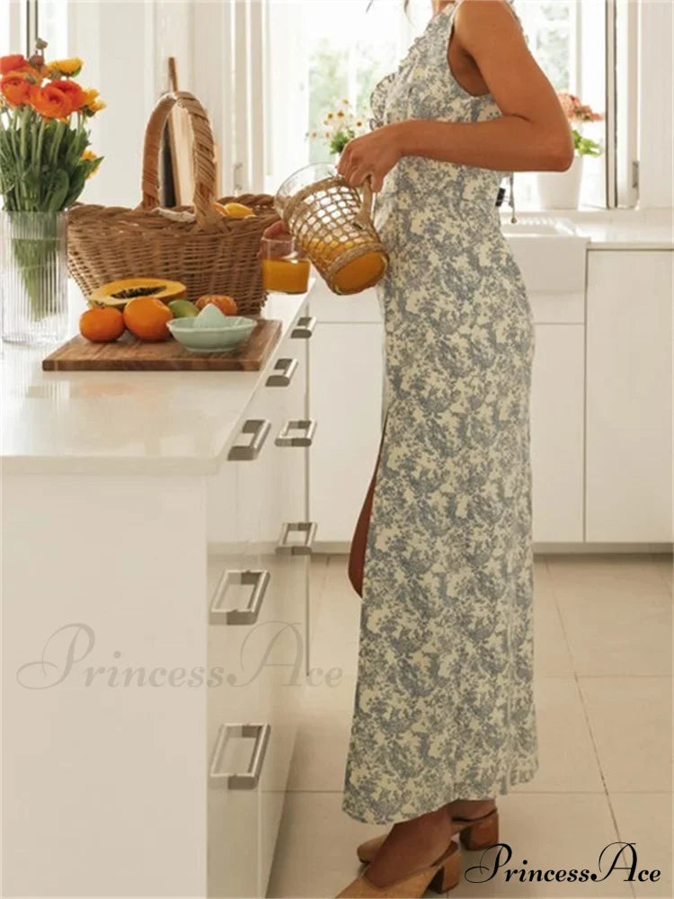Retro Women Floral Print Sleeveless V Neck Front Lace-up High Split Spring Summer Backless Vestidos image 3