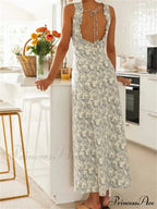 Retro Women Floral Print Sleeveless V Neck Front Lace-up High Split Spring Summer Backless Vestidos image 6