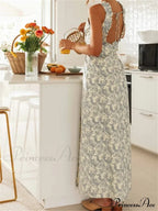 Retro Women Floral Print Sleeveless V Neck Front Lace-up High Split Spring Summer Backless Vestidos image 5