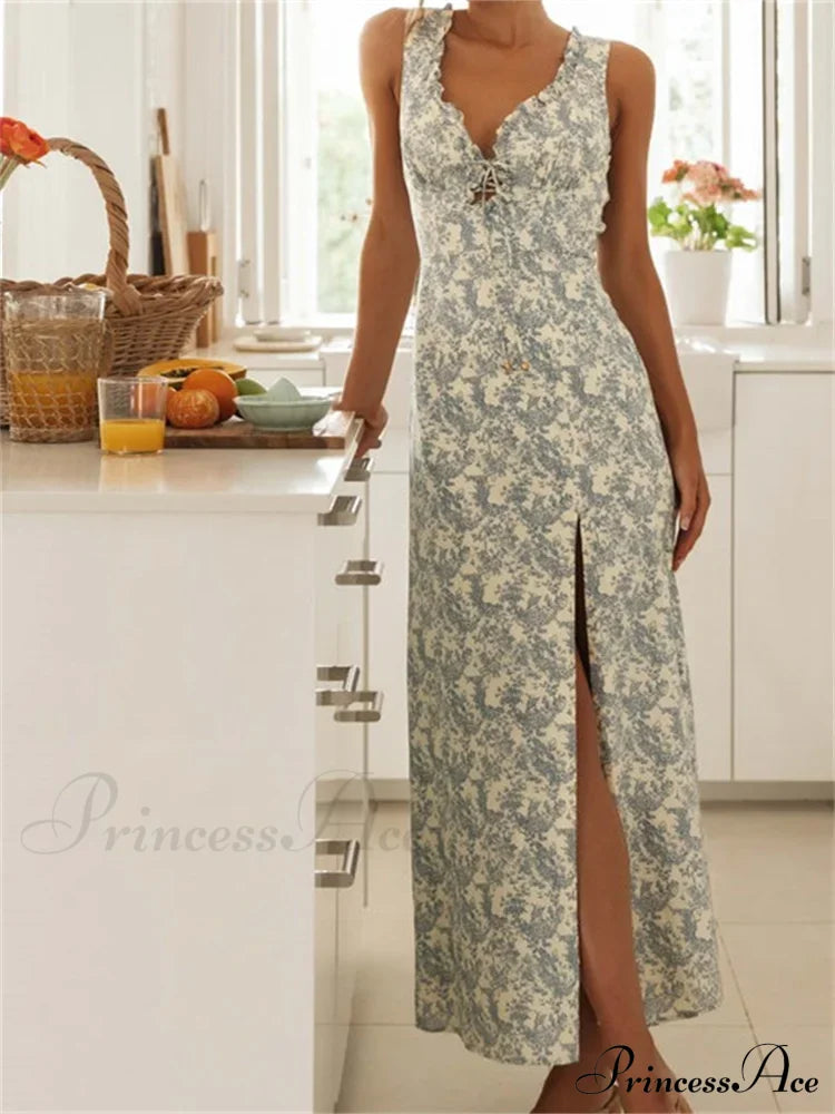 Retro Women Floral Print Sleeveless V Neck Front Lace-up High Split Spring Summer Backless Vestidos image 1