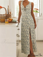 Retro Women Floral Print Sleeveless V Neck Front Lace-up High Split Spring Summer Backless Vestidos image 1