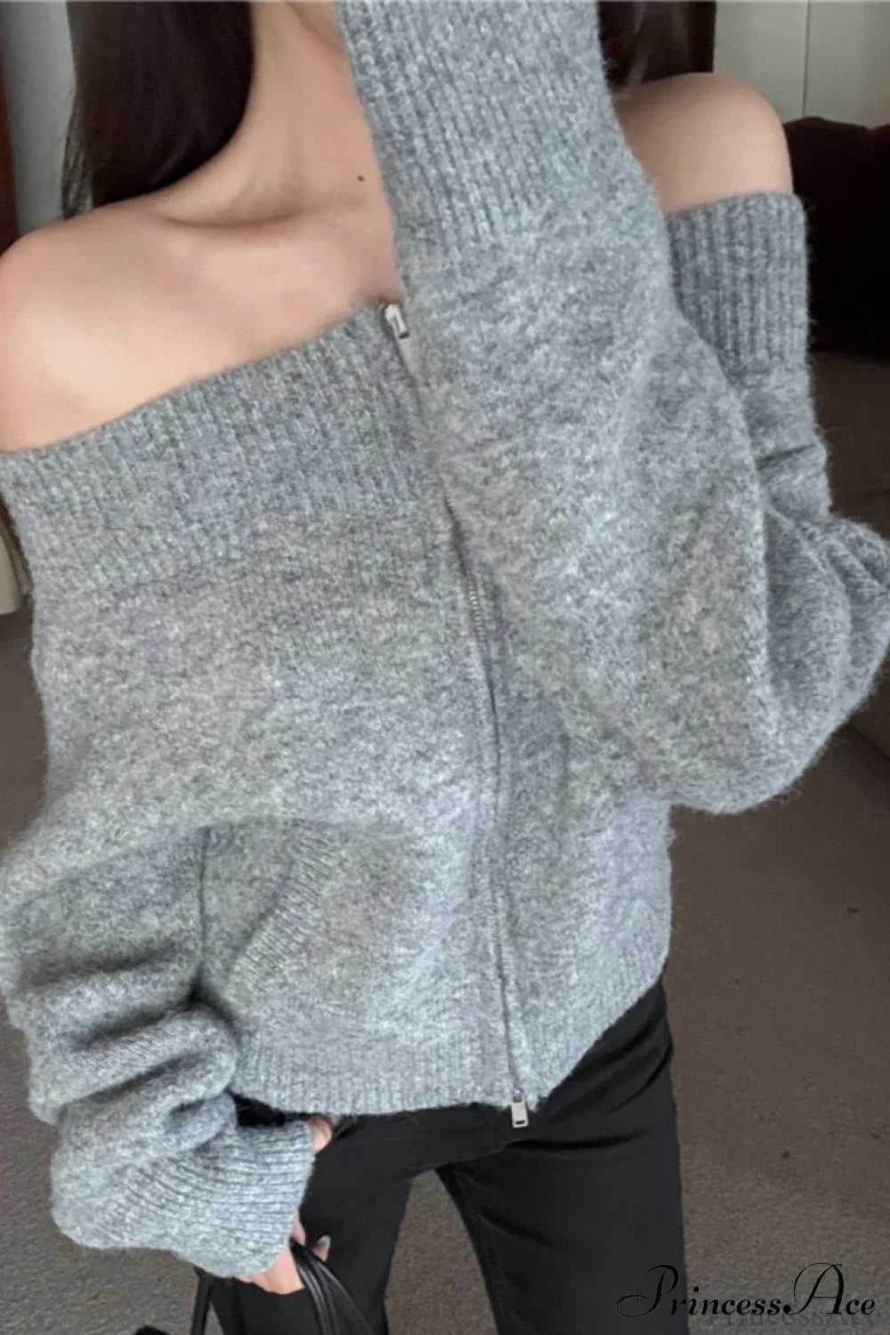 Retro Zip Off-Shoulder Slim-Fit One-Size Knit Cardigan image 3