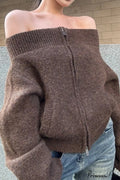 Retro Zip Off-Shoulder Slim-Fit One-Size Knit Cardigan image 1
