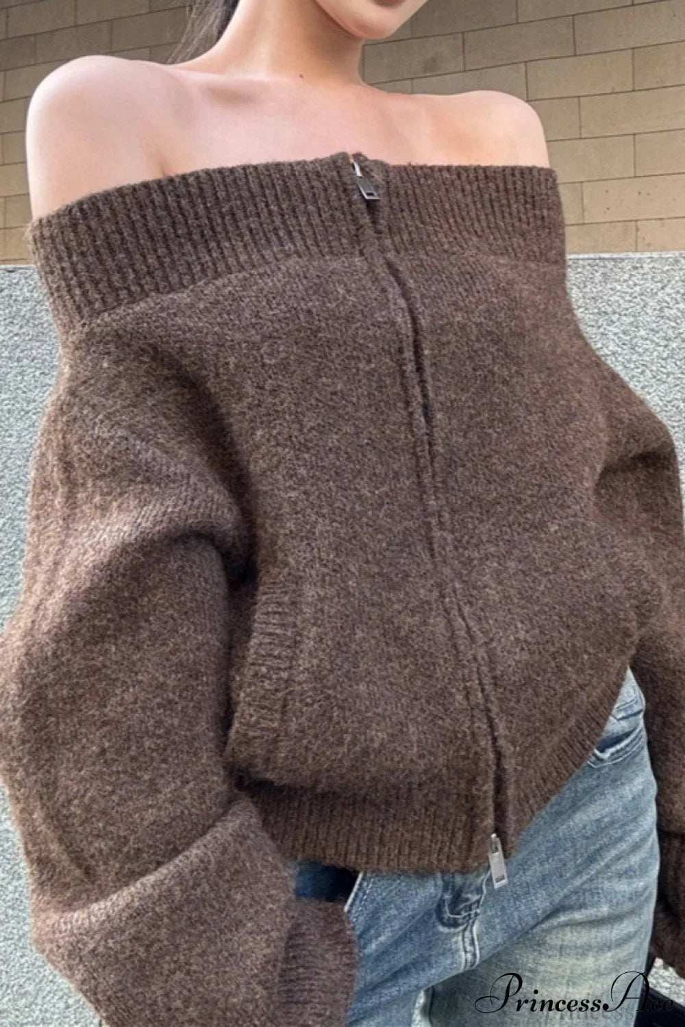 Retro Zip Off-Shoulder Slim-Fit One-Size Knit Cardigan image 1