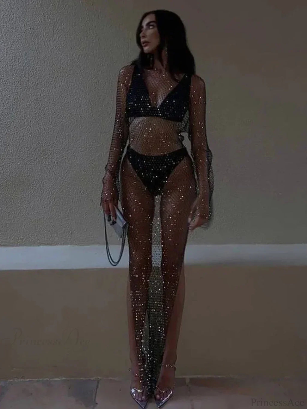 Rhinestone Fishnet Long Sleeve Party Dress image 1