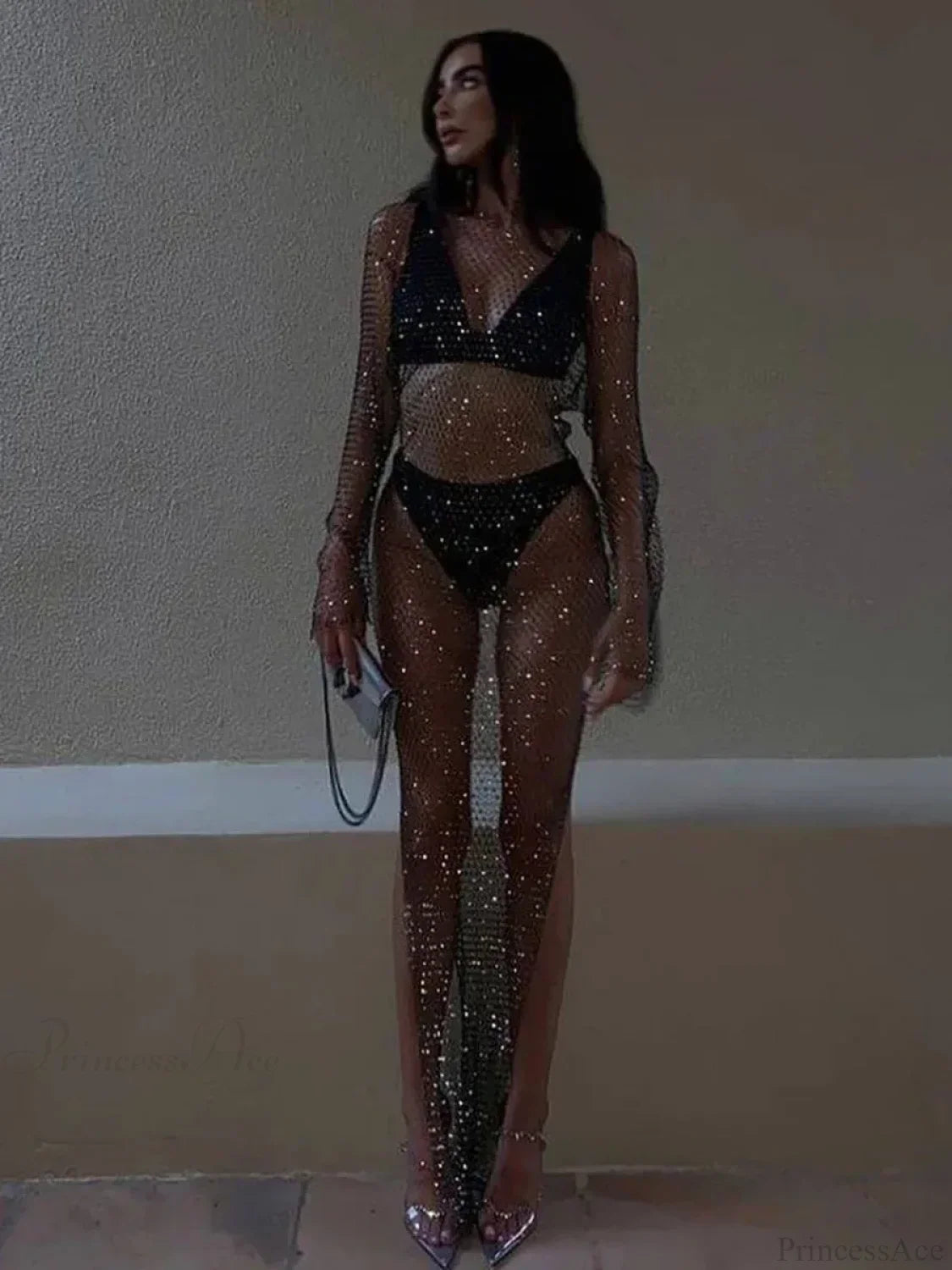 Rhinestone Fishnet Long Sleeve Party Dress image 1