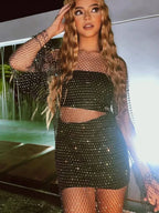 Rhinestone Fishnet Long Sleeve Party Dress image 3