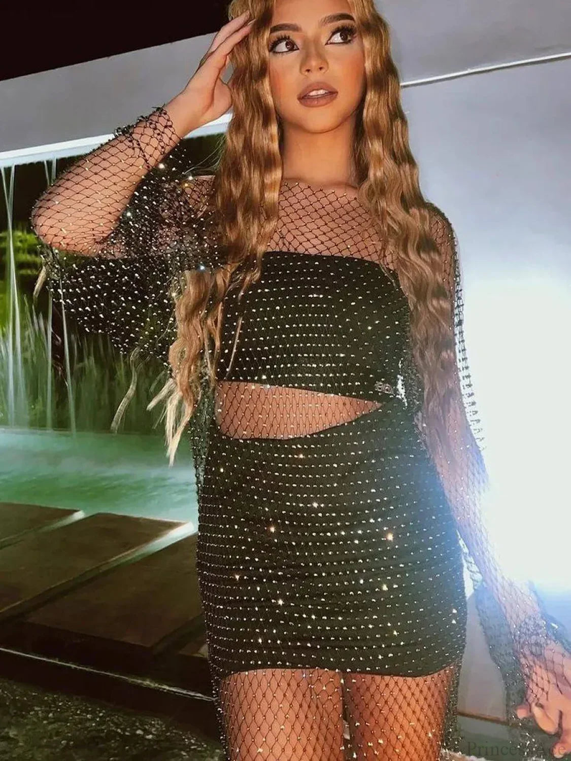 Rhinestone Fishnet Long Sleeve Party Dress image 3