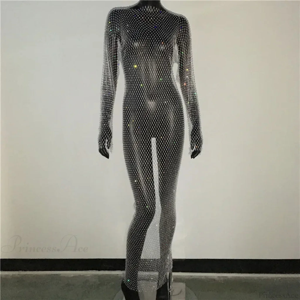 Rhinestone Fishnet Long Sleeve Party Dress image 5