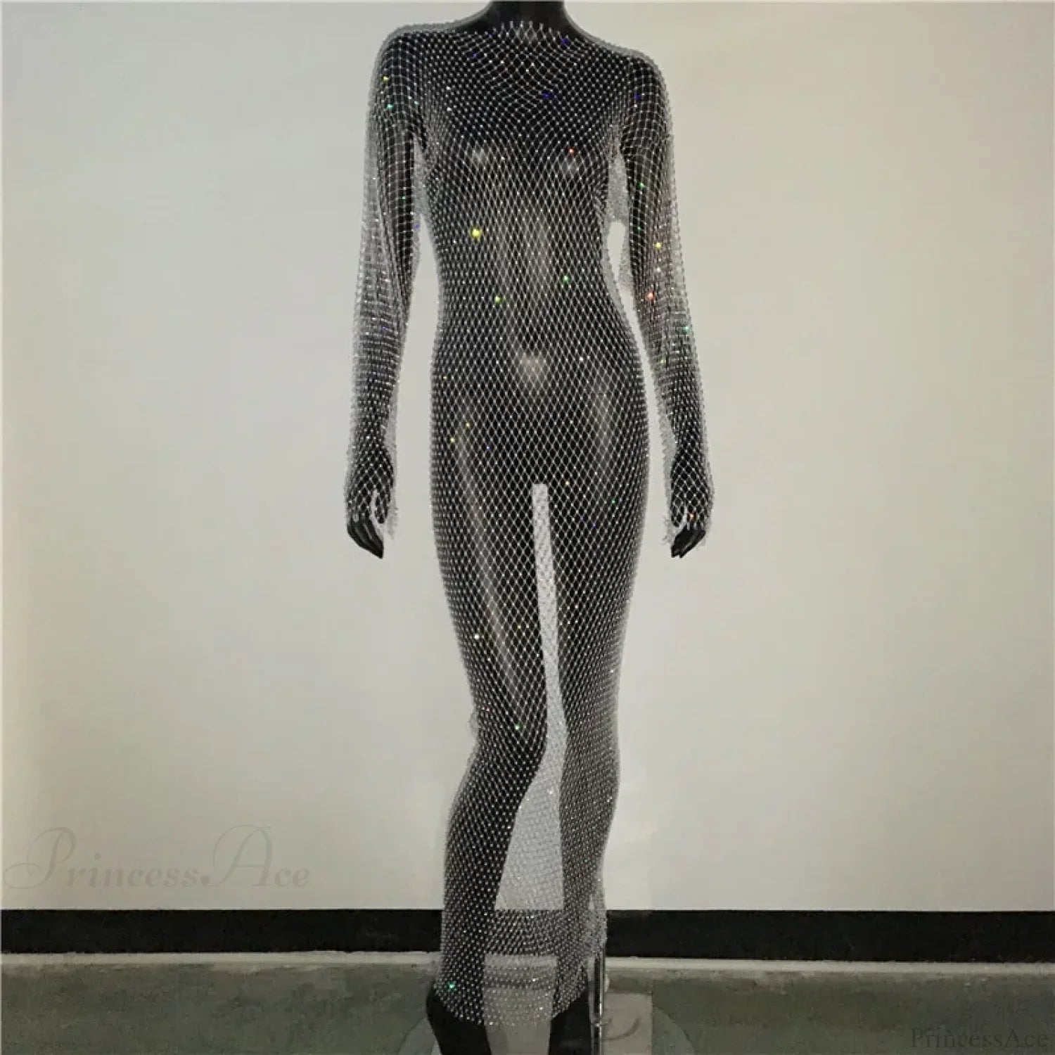 Rhinestone Fishnet Long Sleeve Party Dress image 5