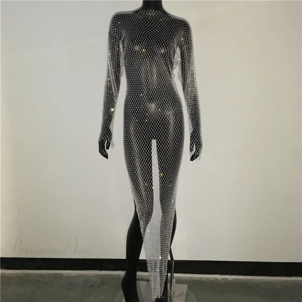 Rhinestone Fishnet Long Sleeve Party Dress image 6