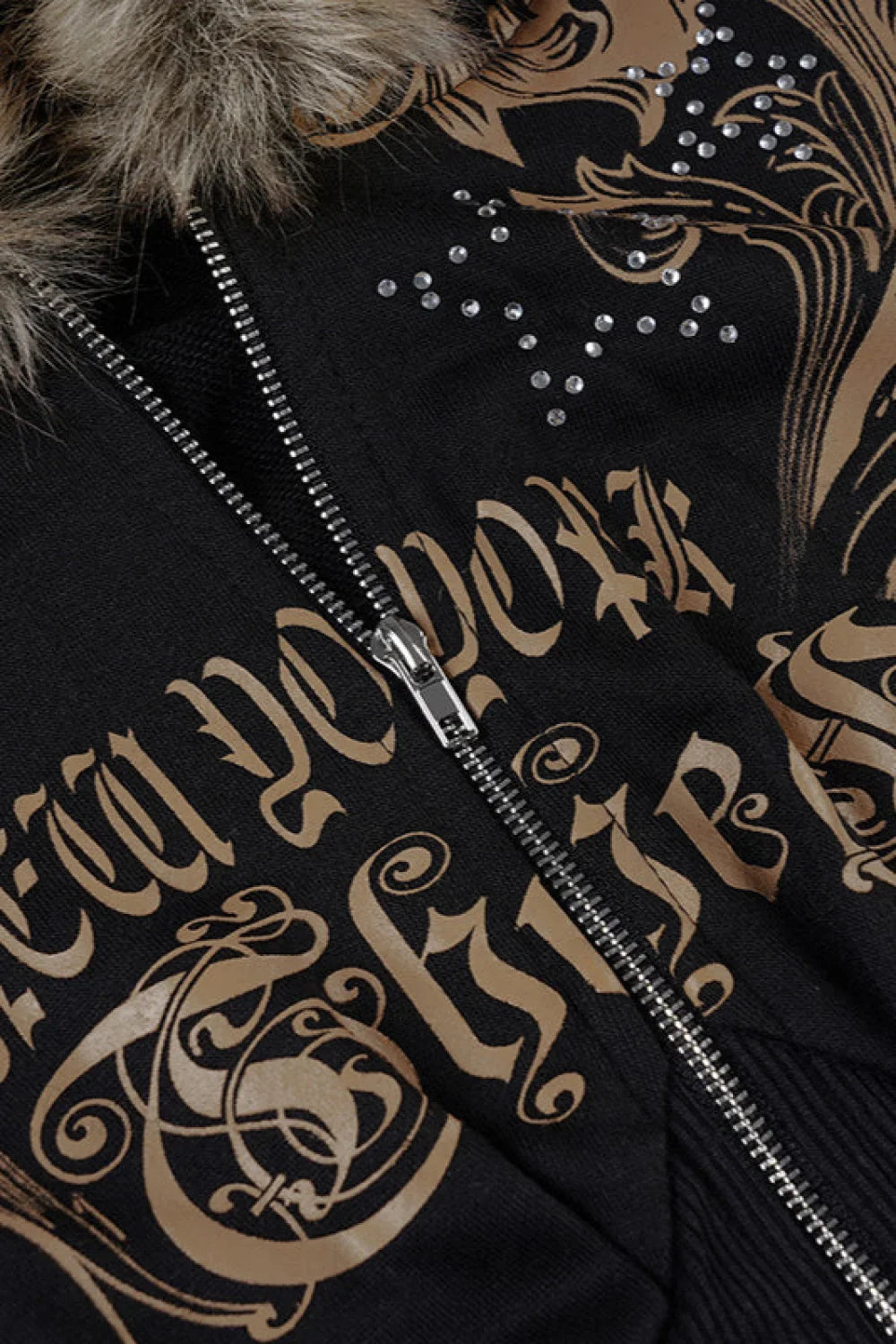 Rhinestone Printed Irregular Zipper Slim Fleece Hoodie image 4
