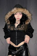 Rhinestone Printed Irregular Zipper Slim Fleece Hoodie image 3