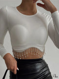 Rhinestone Tassel Crewneck Elegant Long Sleeve T-shirt Crop Top image 7