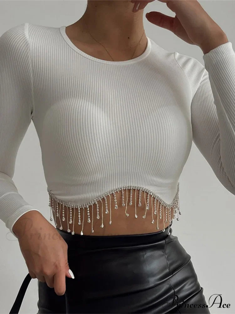 Rhinestone Tassel Crewneck Elegant Long Sleeve T-shirt Crop Top image 7