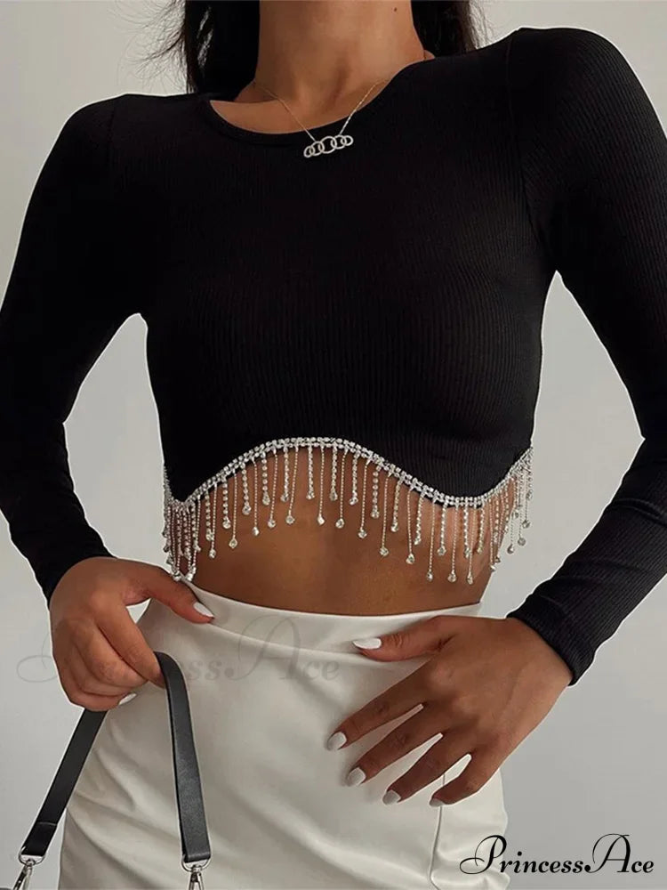 Rhinestone Tassel Crewneck Elegant Long Sleeve T-shirt Crop Top image 1