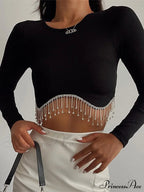 Rhinestone Tassel Crewneck Elegant Long Sleeve T-shirt Crop Top image 1