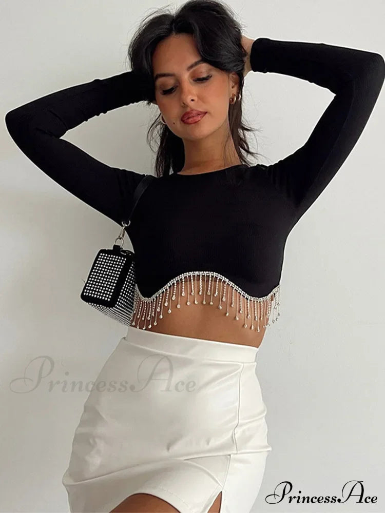 Rhinestone Tassel Crewneck Elegant Long Sleeve T-shirt Crop Top image 2