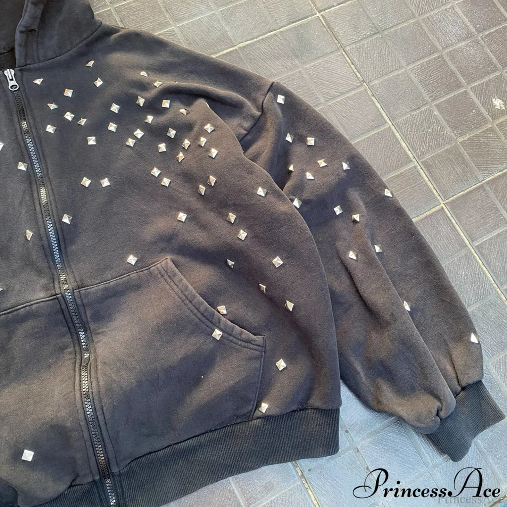 Rhinestone Zip-Up Street Hip-Hop Hoodie image 3