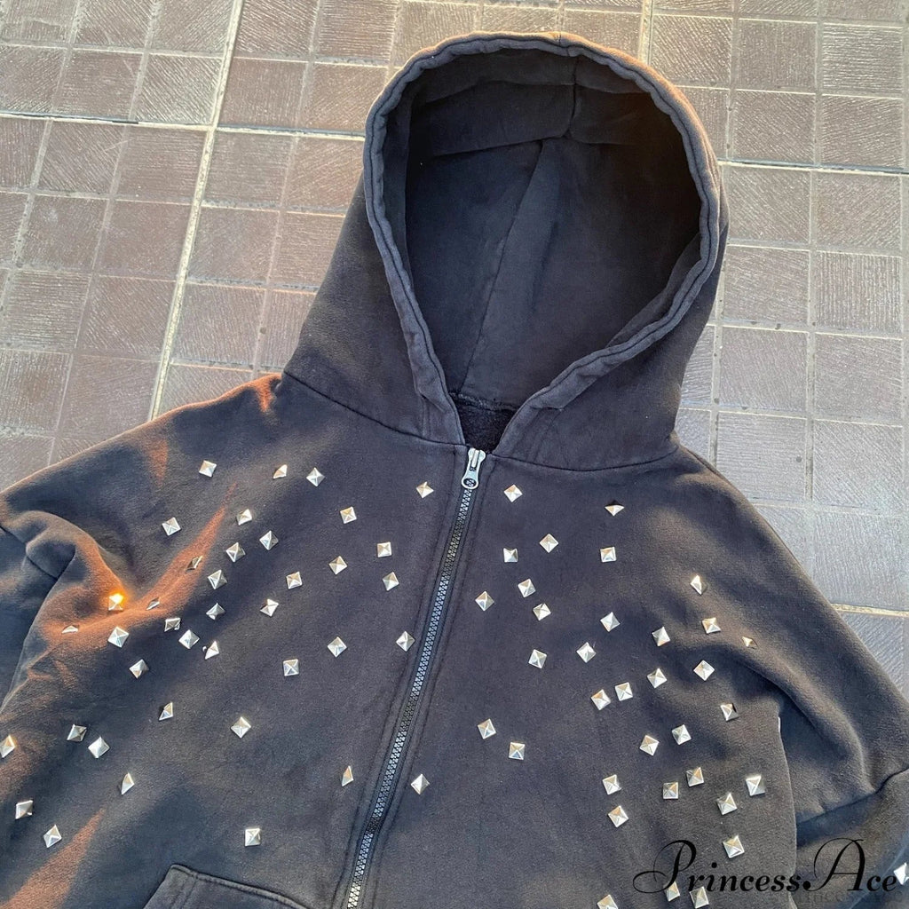 Rhinestone Zip-Up Street Hip-Hop Hoodie image 4