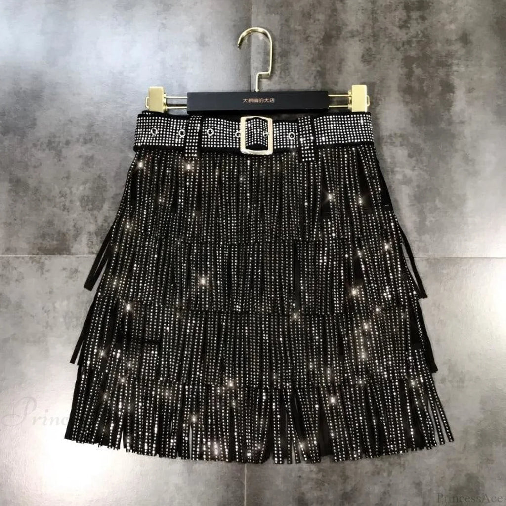 Rhinestones Tassel  High Waist Belt Skirt image 1