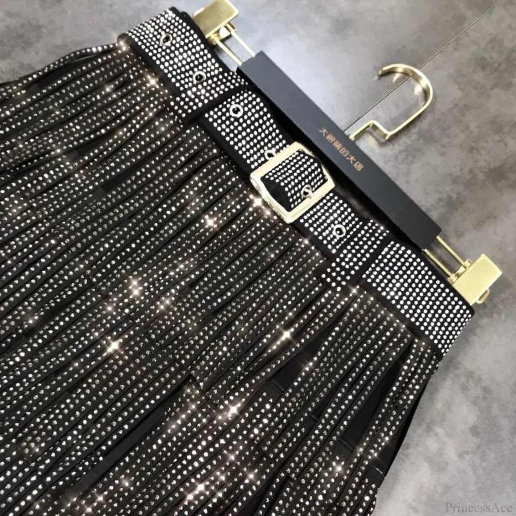 Rhinestones Tassel  High Waist Belt Skirt image 2