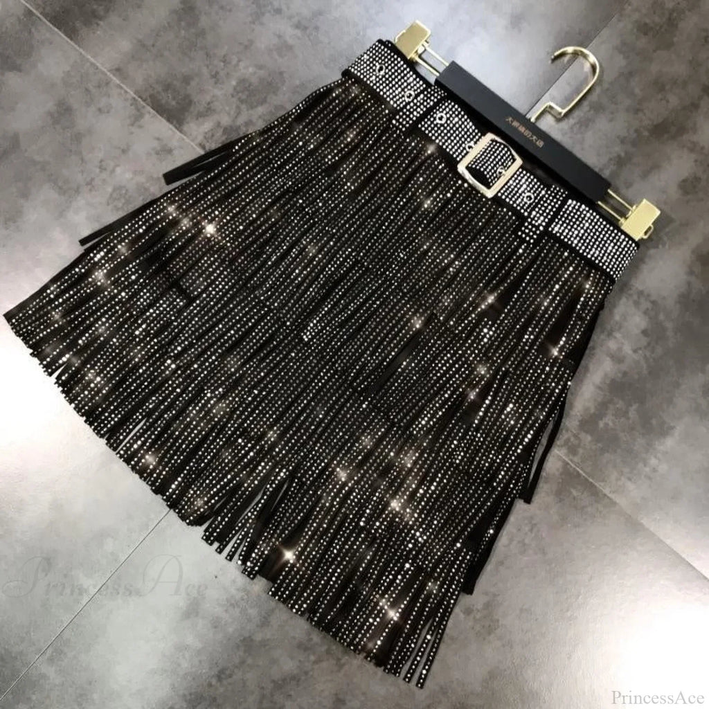 Rhinestones Tassel  High Waist Belt Skirt image 3