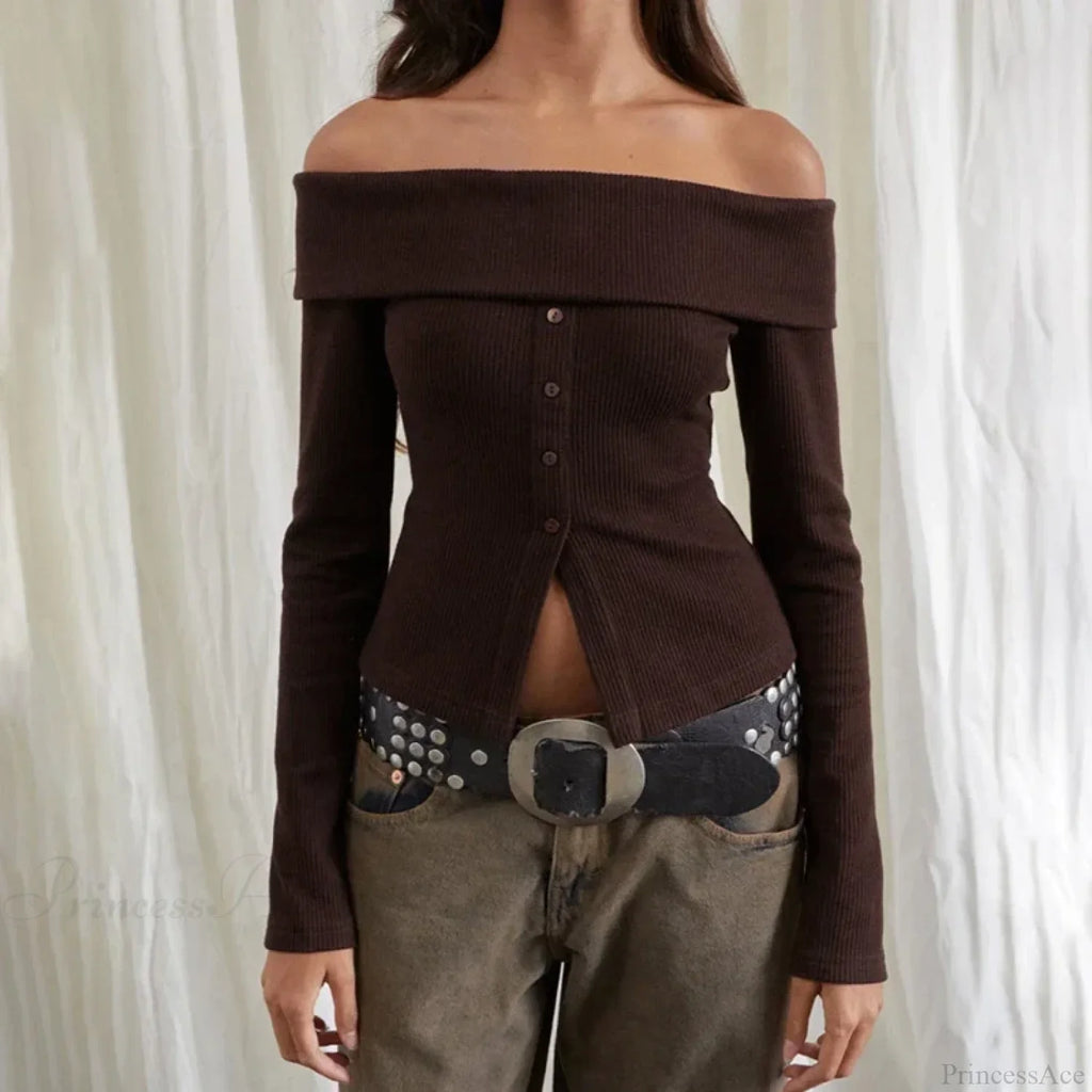 Rib Knitted Casual Long Sleeve Off-Shoulder Slim Fit T-shirt Women image 1