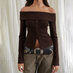 Rib Knitted Casual Long Sleeve Off-Shoulder Slim Fit T-shirt Women image 1