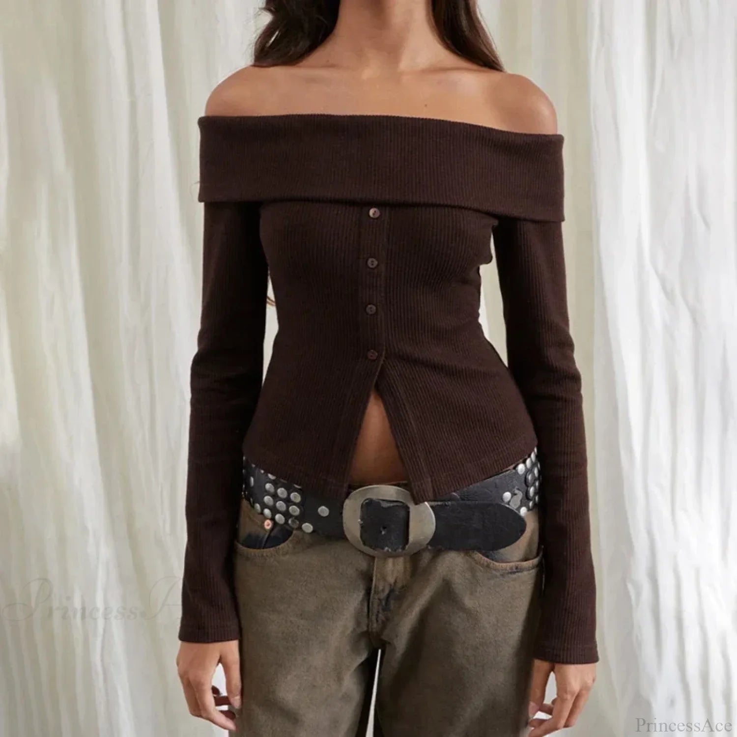 Rib Knitted Casual Long Sleeve Off-Shoulder Slim Fit T-shirt Women image 1