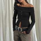 Rib Knitted Casual Long Sleeve Off-Shoulder Slim Fit T-shirt Women image 4