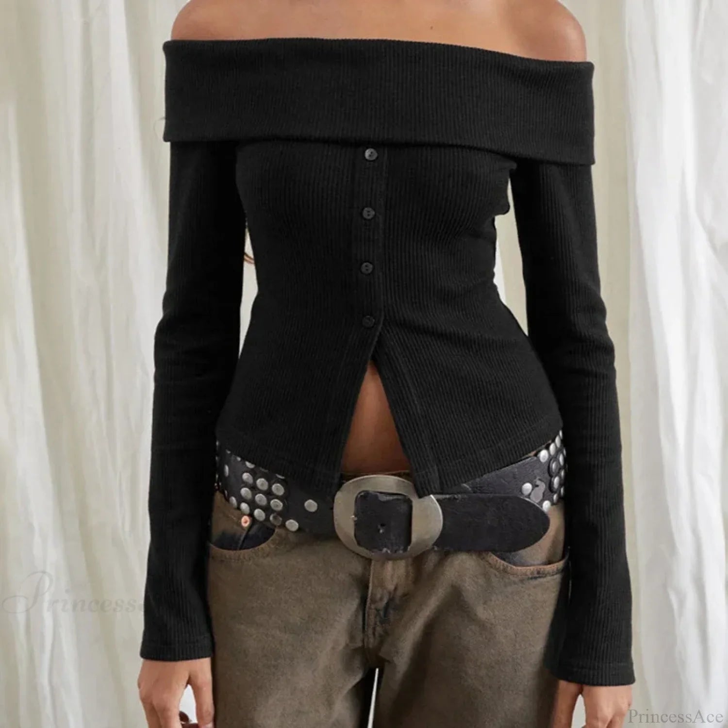 Rib Knitted Casual Long Sleeve Off-Shoulder Slim Fit T-shirt Women image 6