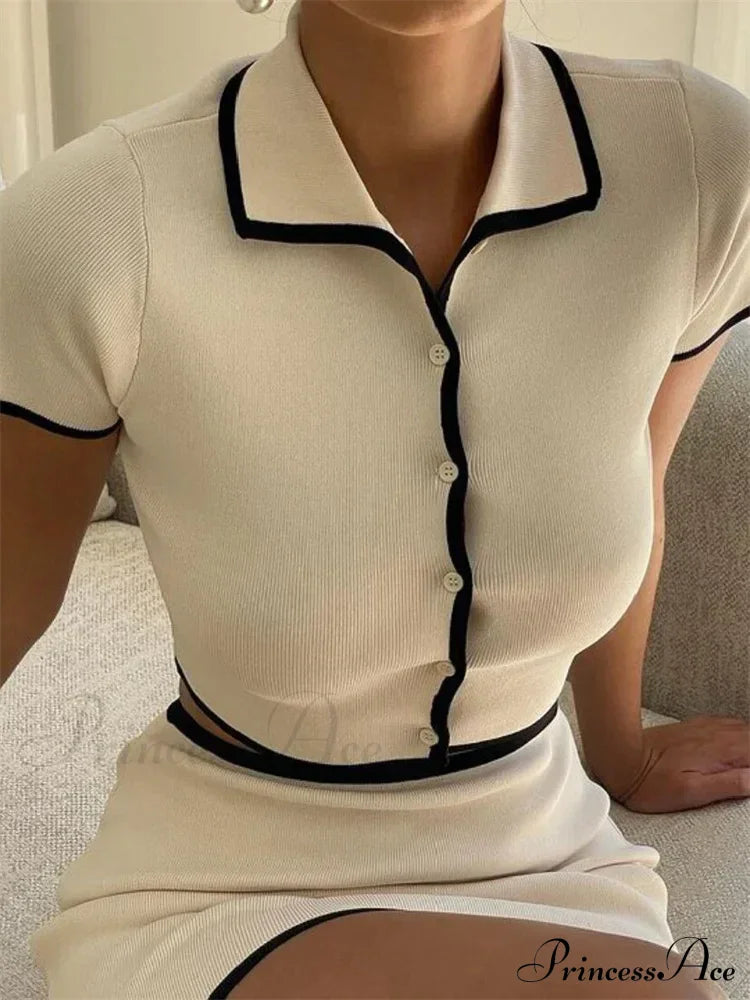 Ribbed Black Trim Beige Crop Trendy Top And Mini Skirt Set image 4