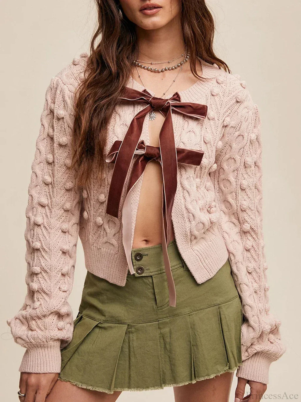 Ribbed Bow Tie Cable Knit Cardigan image 3