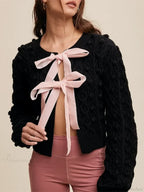 Ribbed Bow Tie Cable Knit Cardigan image 2