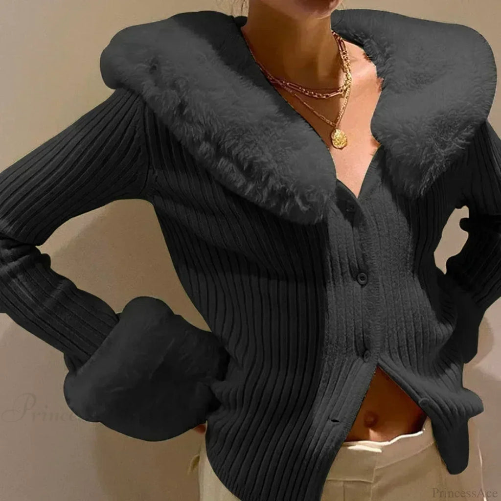 Ribbed Fur Trim Slim Knitted Cardigan image 2