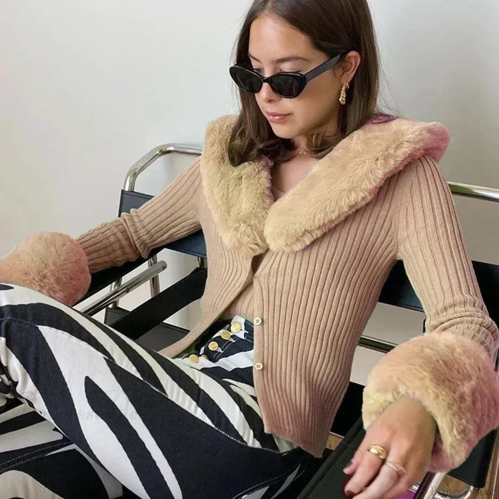 Ribbed Fur Trim Slim Knitted Cardigan image 3