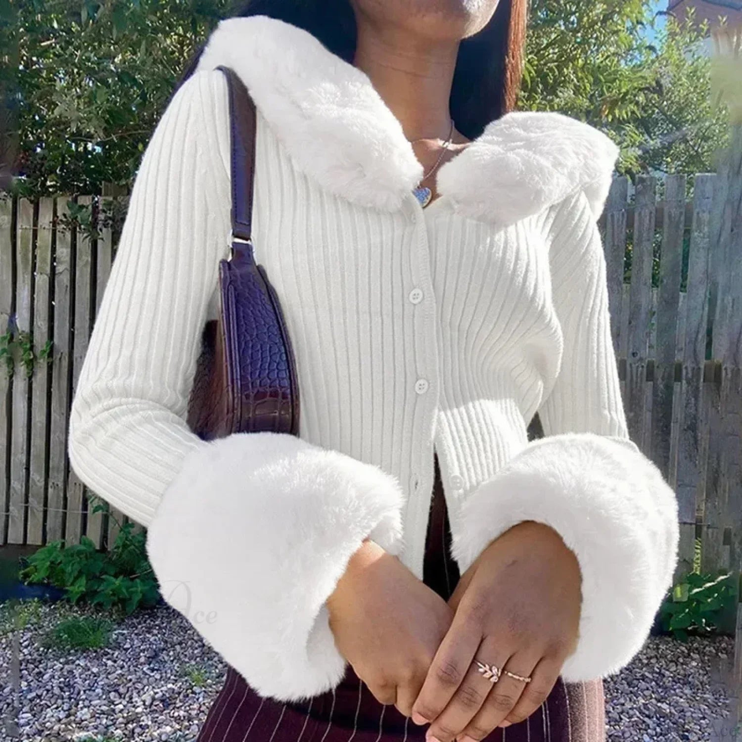 Ribbed Fur Trim Slim Knitted Cardigan image 1