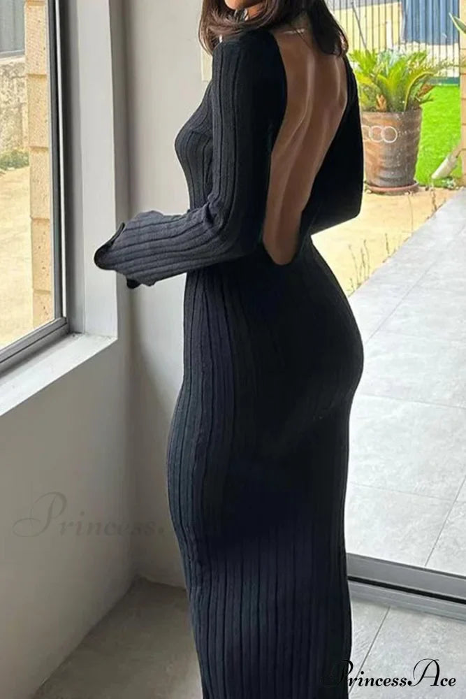 Ribbed Knit Dress with Long Flare Sleeves and Backless Design image 6