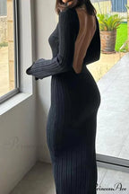 Ribbed Knit Dress with Long Flare Sleeves and Backless Design image 6