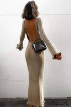 Ribbed Knit Dress with Long Flare Sleeves and Backless Design image 2