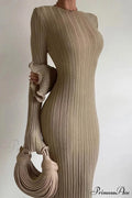Ribbed Knit Dress with Long Flare Sleeves and Backless Design image 1